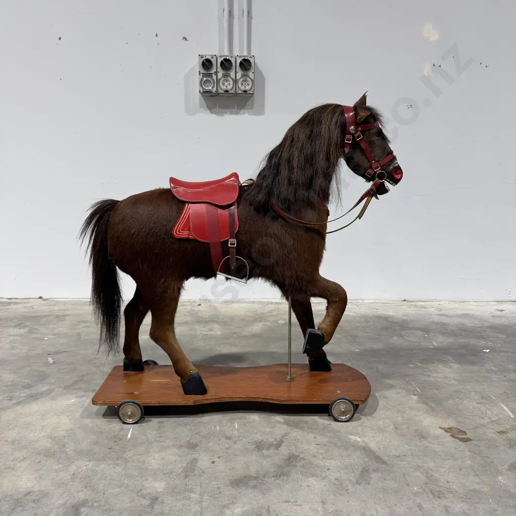 Vintage Nicholas Klein Handcrafted Hide Rocking Horse w Horse Hair Mane & Tail w Both a Stand on Wheels & Rocker Image 1++