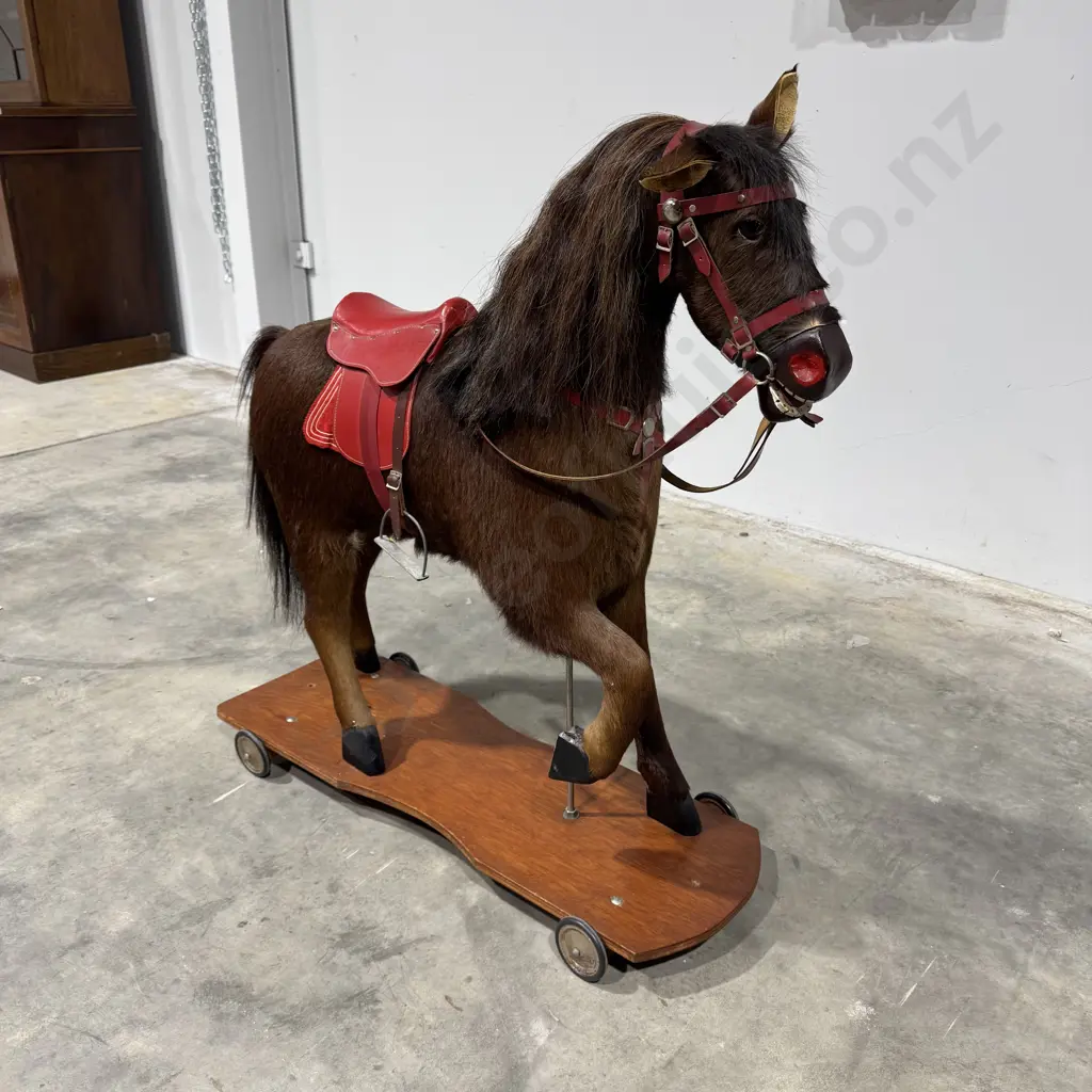 Vintage Nicholas Klein Handcrafted Hide Rocking Horse w Horse Hair Mane & Tail w Both a Stand on Wheels & Rocker Image 1++