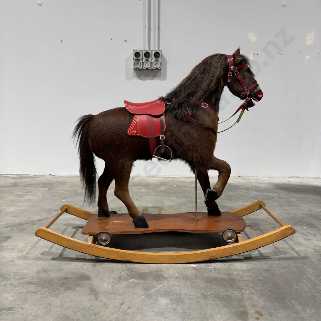 Vintage Nicholas Klein Handcrafted Hide Rocking Horse w Horse Hair Mane & Tail w Both a Stand on Wheels & Rocker Image 1++