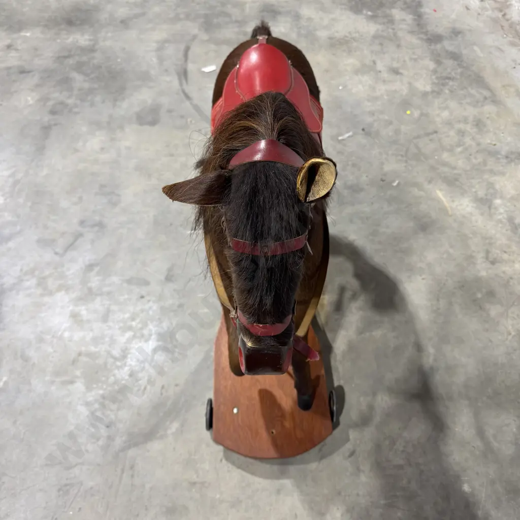 Vintage Nicholas Klein Handcrafted Hide Rocking Horse w Horse Hair Mane & Tail w Both a Stand on Wheels & Rocker Image 1++