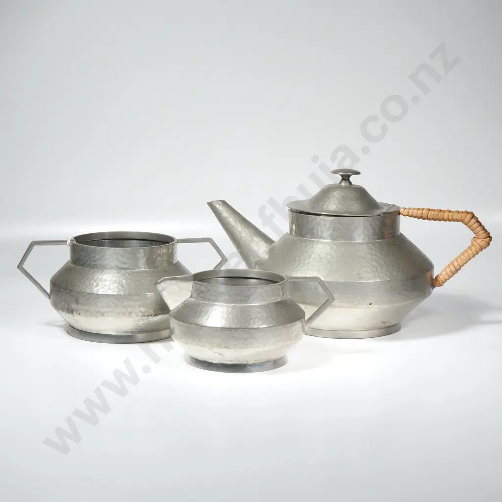 Art Deco Arts & Crafts Hammered Pewter Tea Set by Knighthood comprising Teapot, Sugar Bowl & Jug Image 1++