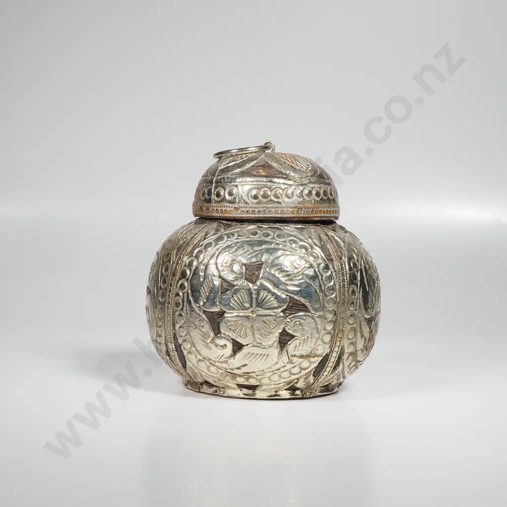 Antique Wood Cannister w Silver Overlay. Possibly Indian Image 1++