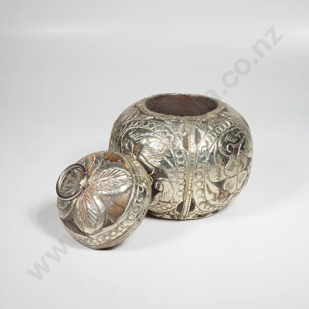 Antique Wood Cannister w Silver Overlay. Possibly Indian Image 1++