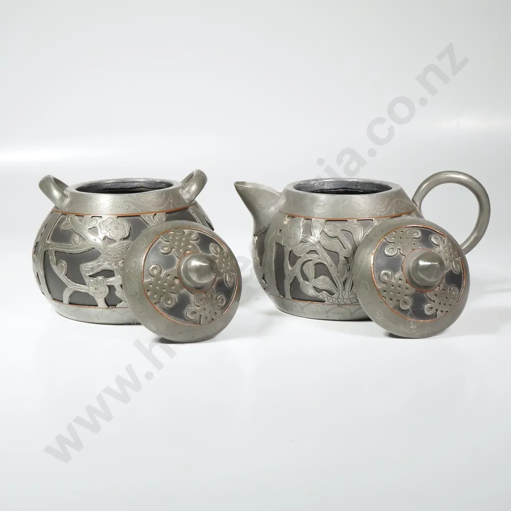 Chinese Yixing Clay Tea Set w Pewter Overlay Comprising Lidded Sugar & Cream Jug, Marked Weihai Shen Image 1++