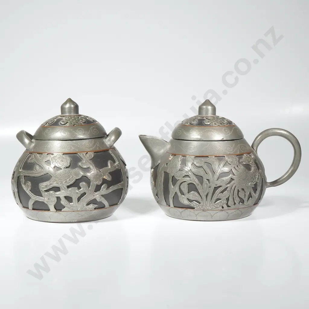 Chinese Yixing Clay Tea Set w Pewter Overlay Comprising Lidded Sugar & Cream Jug, Marked Weihai Shen Image 1++