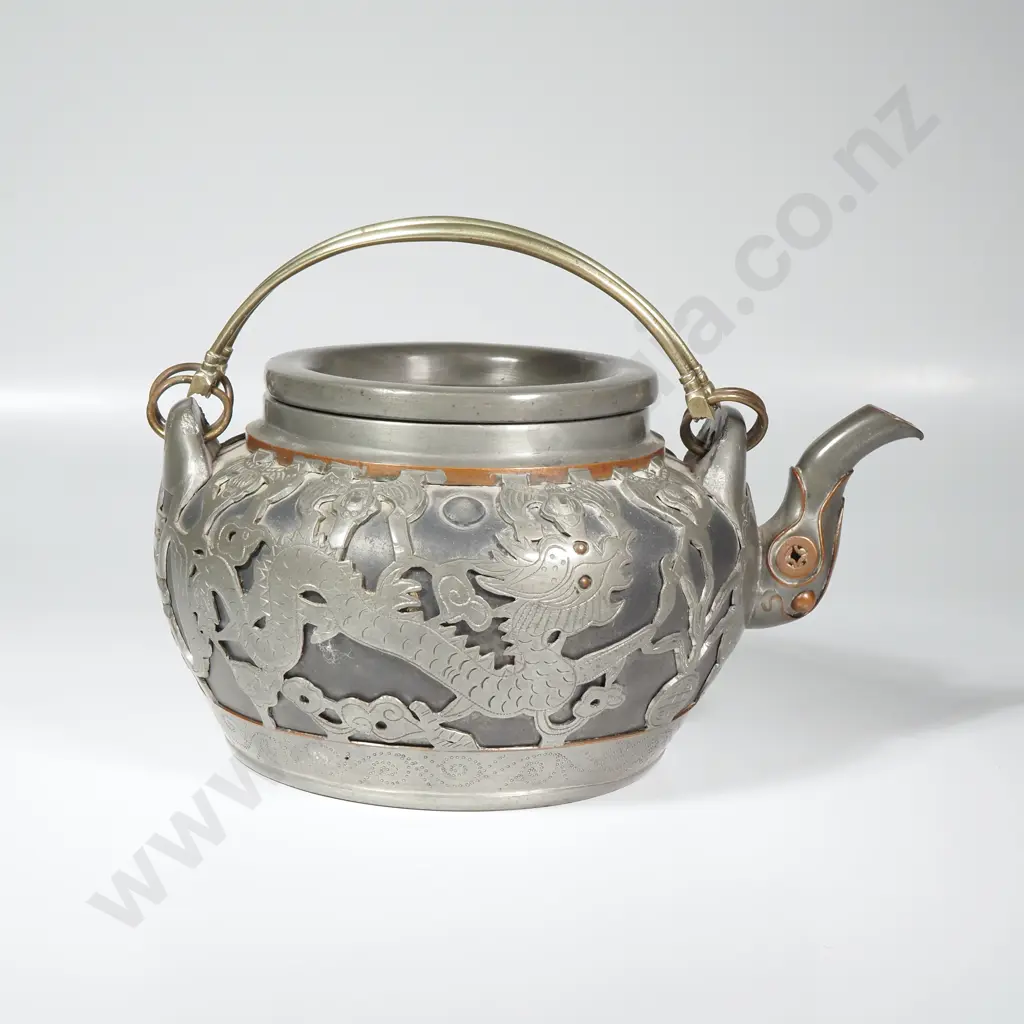 Chinese Yixing Clay Teapot w Pewter Overlay, Marked Weihai Shen Image 1++
