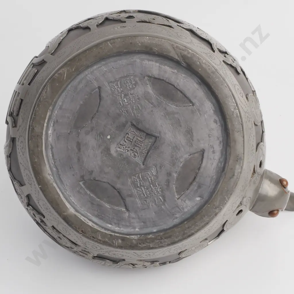 Chinese Yixing Clay Teapot w Pewter Overlay, Marked Weihai Shen Image 1++