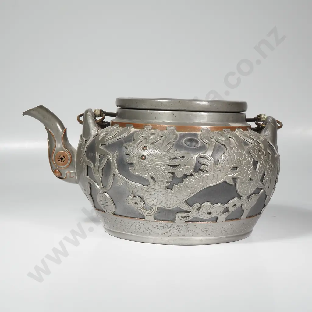 Chinese Yixing Clay Teapot w Pewter Overlay, Marked Weihai Shen Image 1++