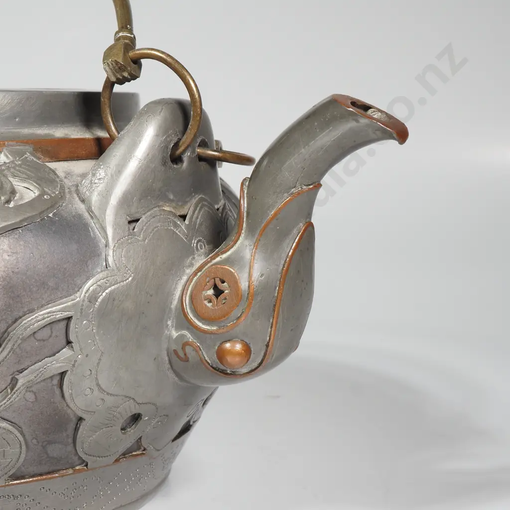 Chinese Yixing Clay Teapot w Pewter Overlay, Marked Weihai Shen Image 1++