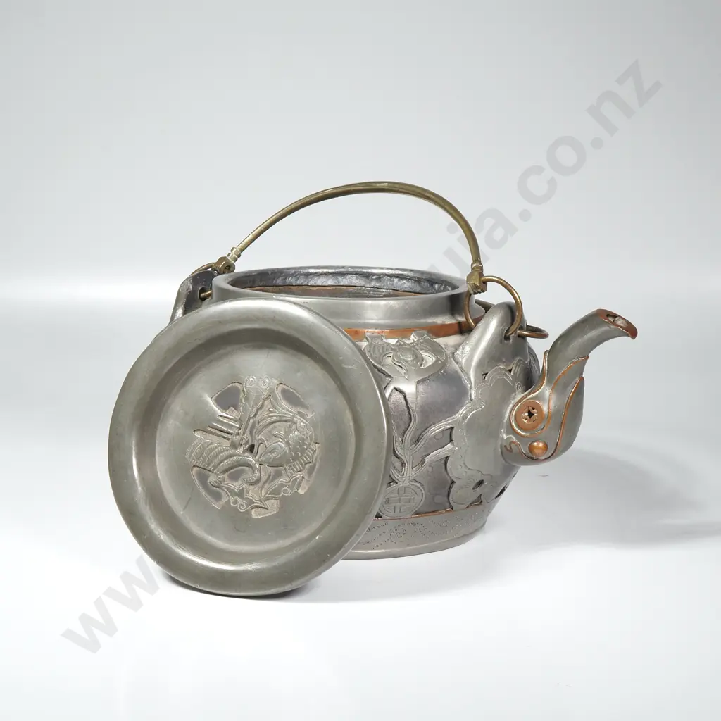 Chinese Yixing Clay Teapot w Pewter Overlay, Marked Weihai Shen Image 1++