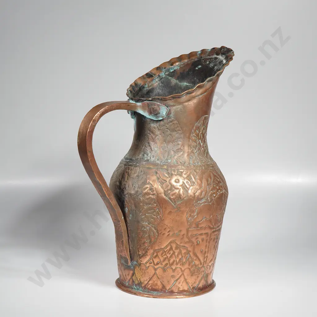 Vintage Copper Handmade Pitcher w Embossed Designs Image 1++