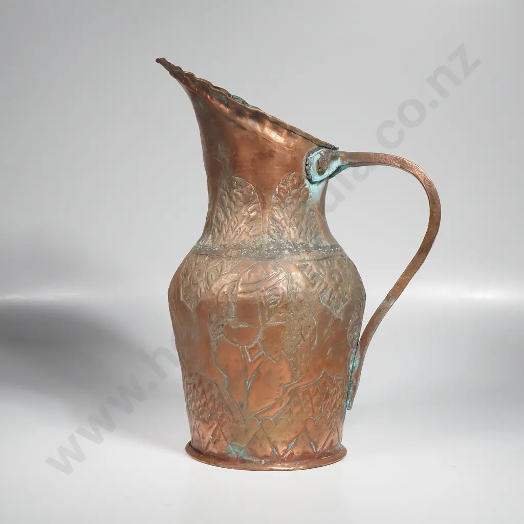 Vintage Copper Handmade Pitcher w Embossed Designs Image 1++