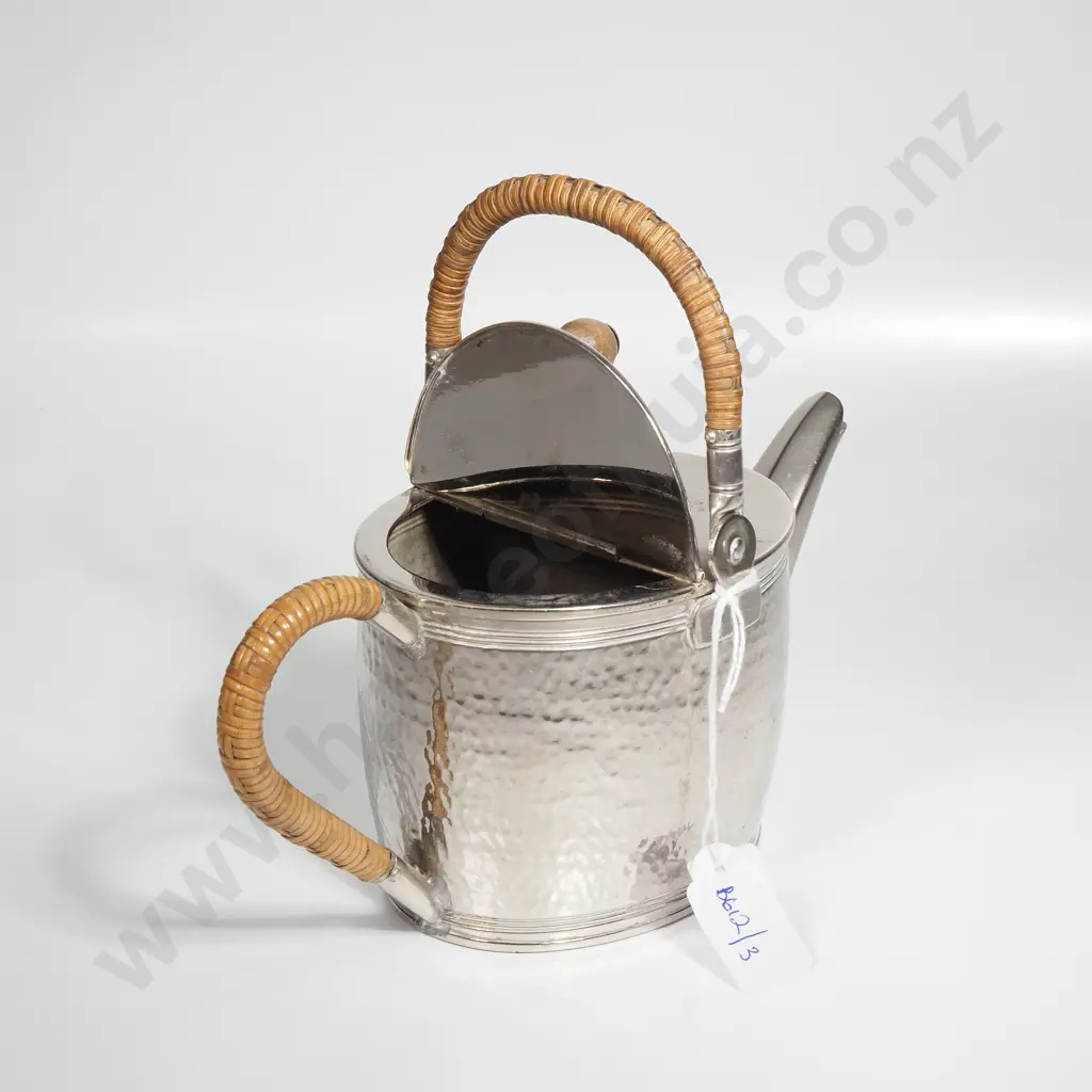 Gebruder Bing Silver Plate Teapot w Hammered Body & Wicker & Rattan Wrapped Handles Image 1++