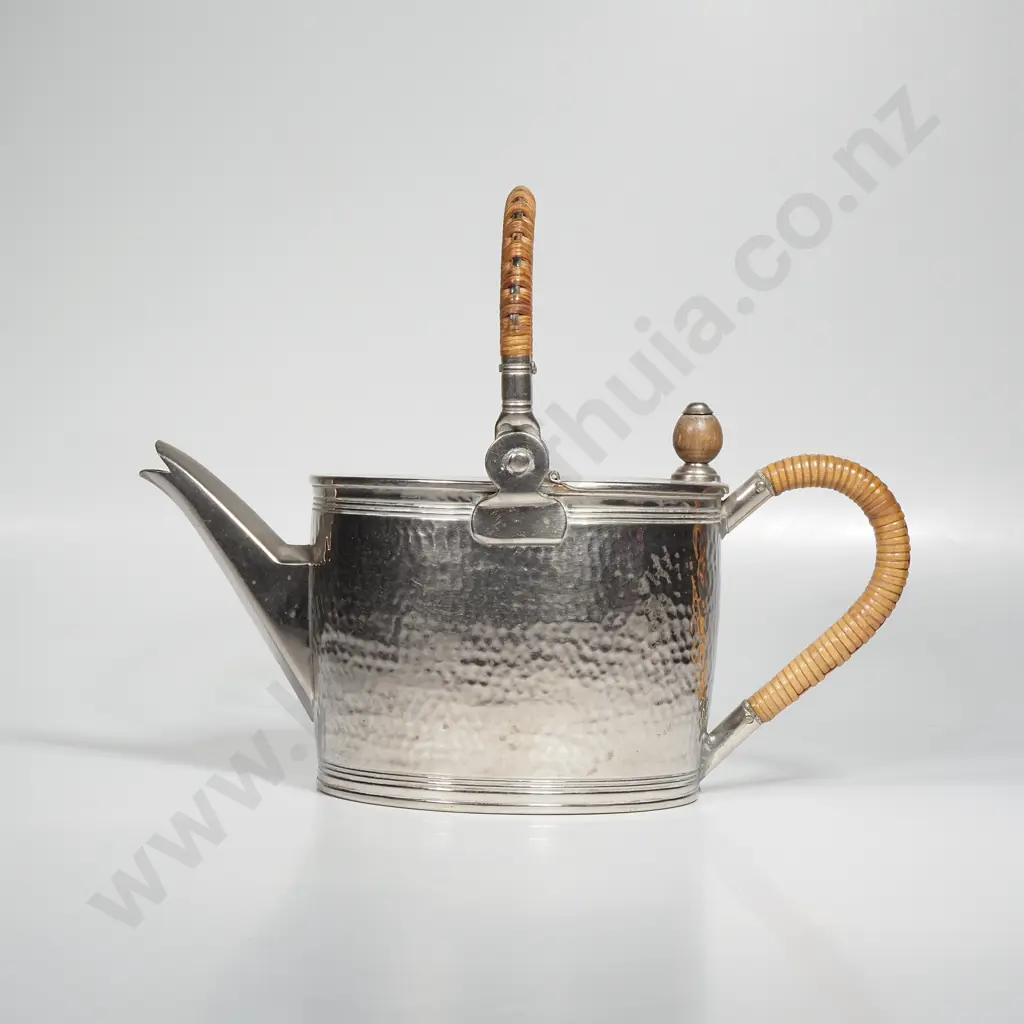 Gebruder Bing Silver Plate Teapot w Hammered Body & Wicker & Rattan Wrapped Handles Image 1++