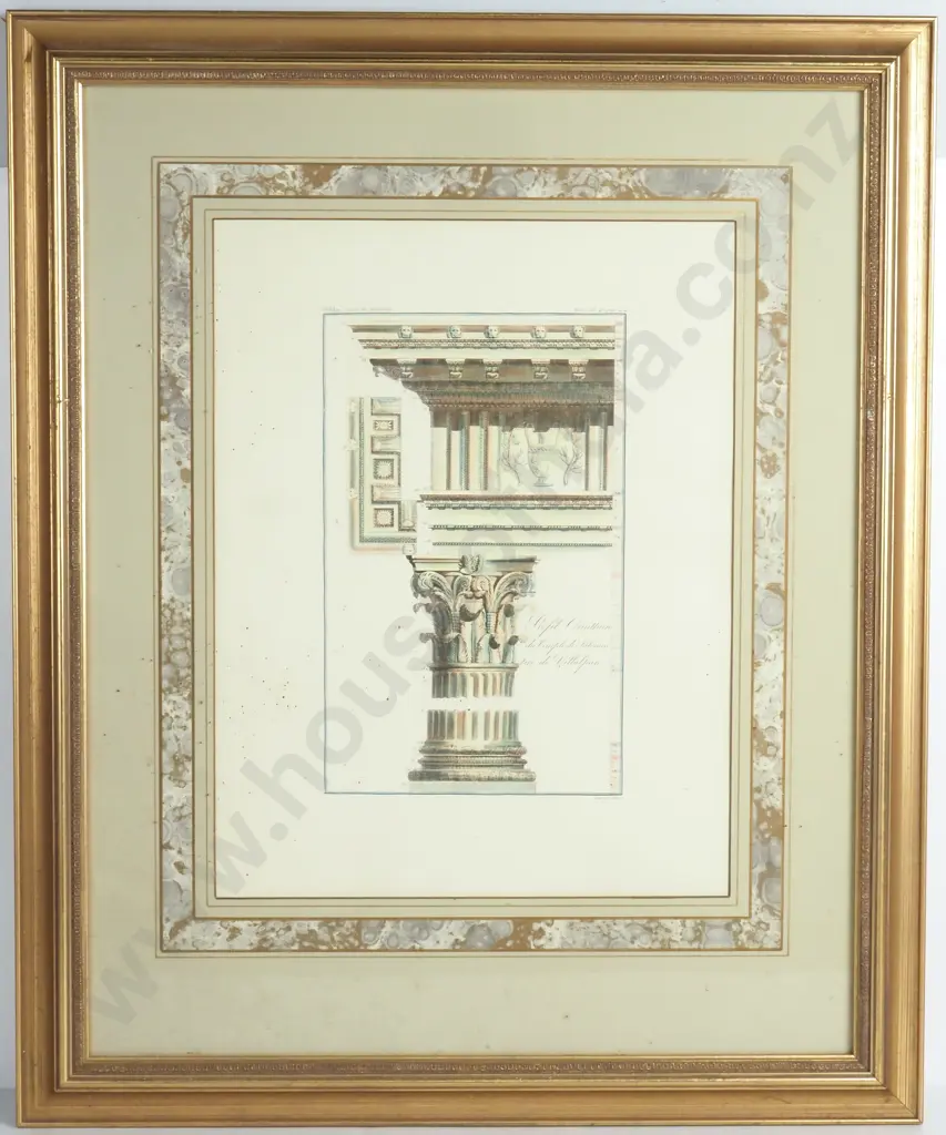 Hand Coloured Neoclassical Architectural Print w a Detailed Corinthean Column Capital & Entablature Image 1++