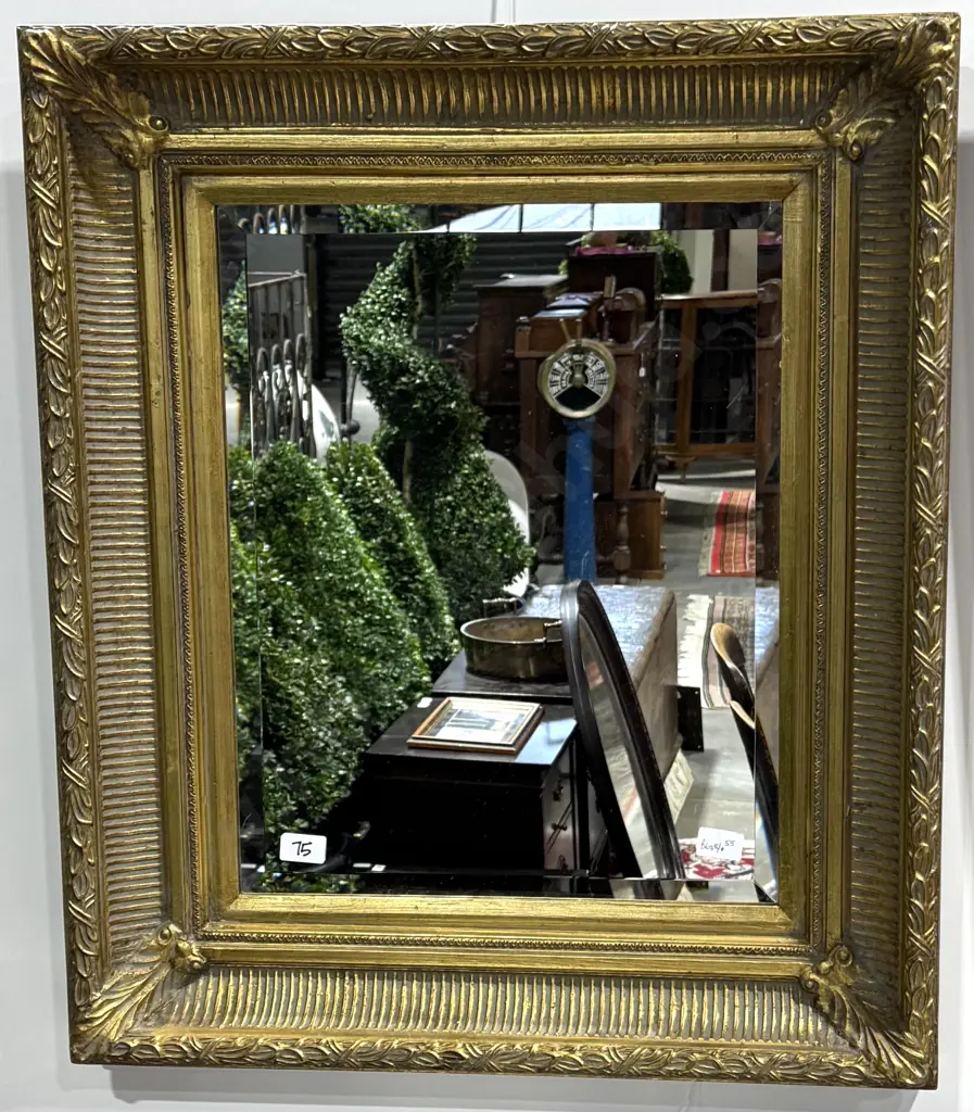 Edwardian Style Gilt Wood & Gesso Wall Mirror w Fluted Moldings & Ornate Corner Details Image 1++