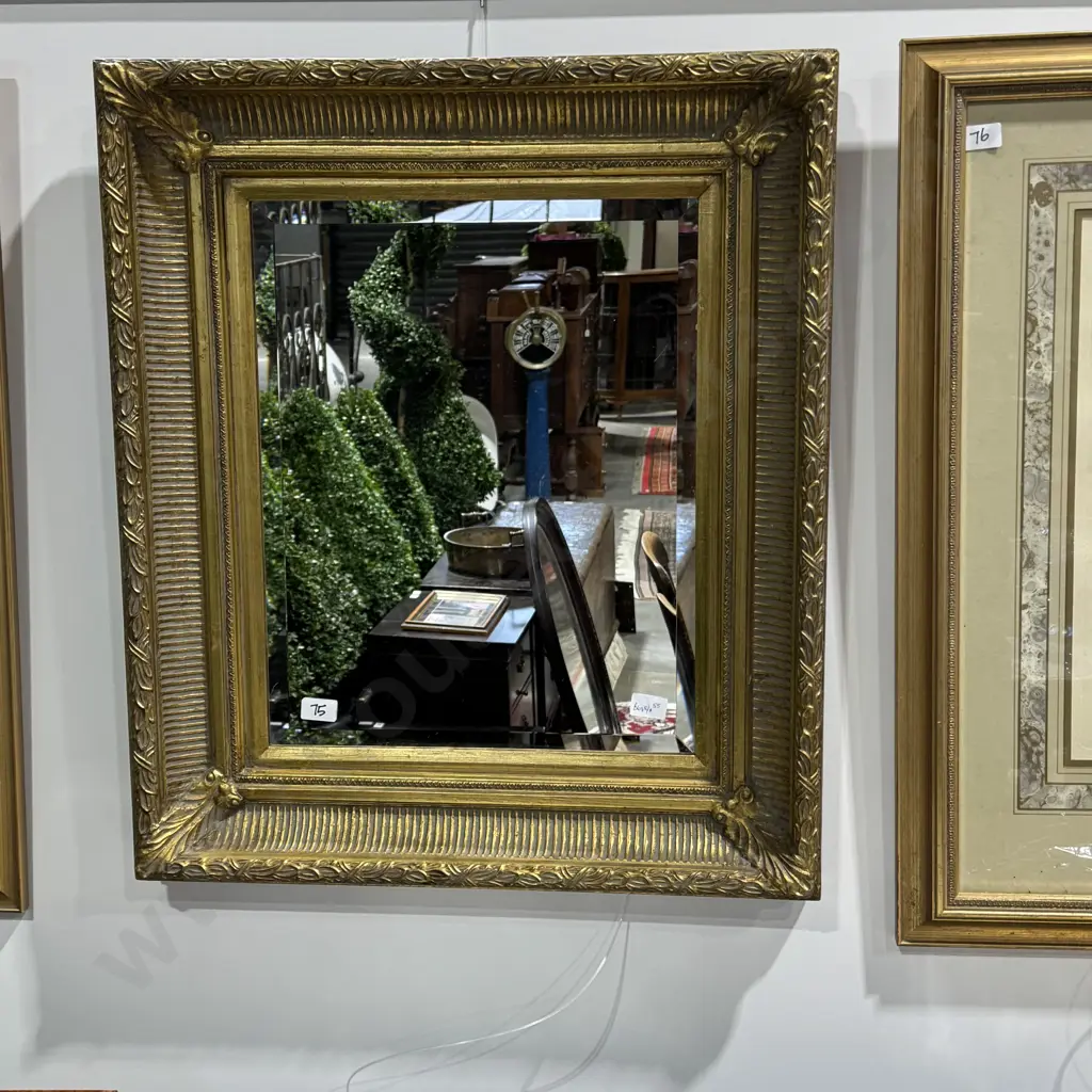 Edwardian Style Gilt Wood & Gesso Wall Mirror w Fluted Moldings & Ornate Corner Details Image 1++