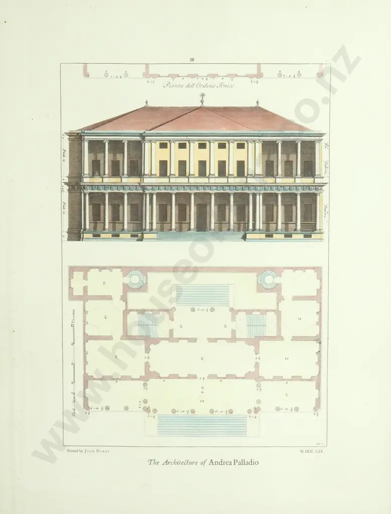 Hand Coloured Architectural Print from Giacomo Leoni's 18th Century Edition of 'The Architecture of Andrea Palladio' Image 1++