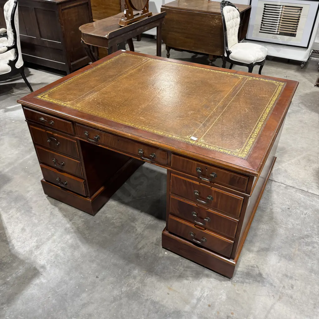 Substantial Mahogany Pedestal Partner's Desk w Tooled Leather Top & Brass Coloured Swan Neck Handles Image 1++