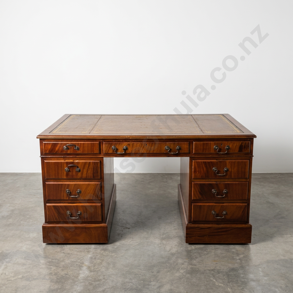 Substantial Mahogany Pedestal Partner's Desk w Tooled Leather Top & Brass Coloured Swan Neck Handles Image 1++