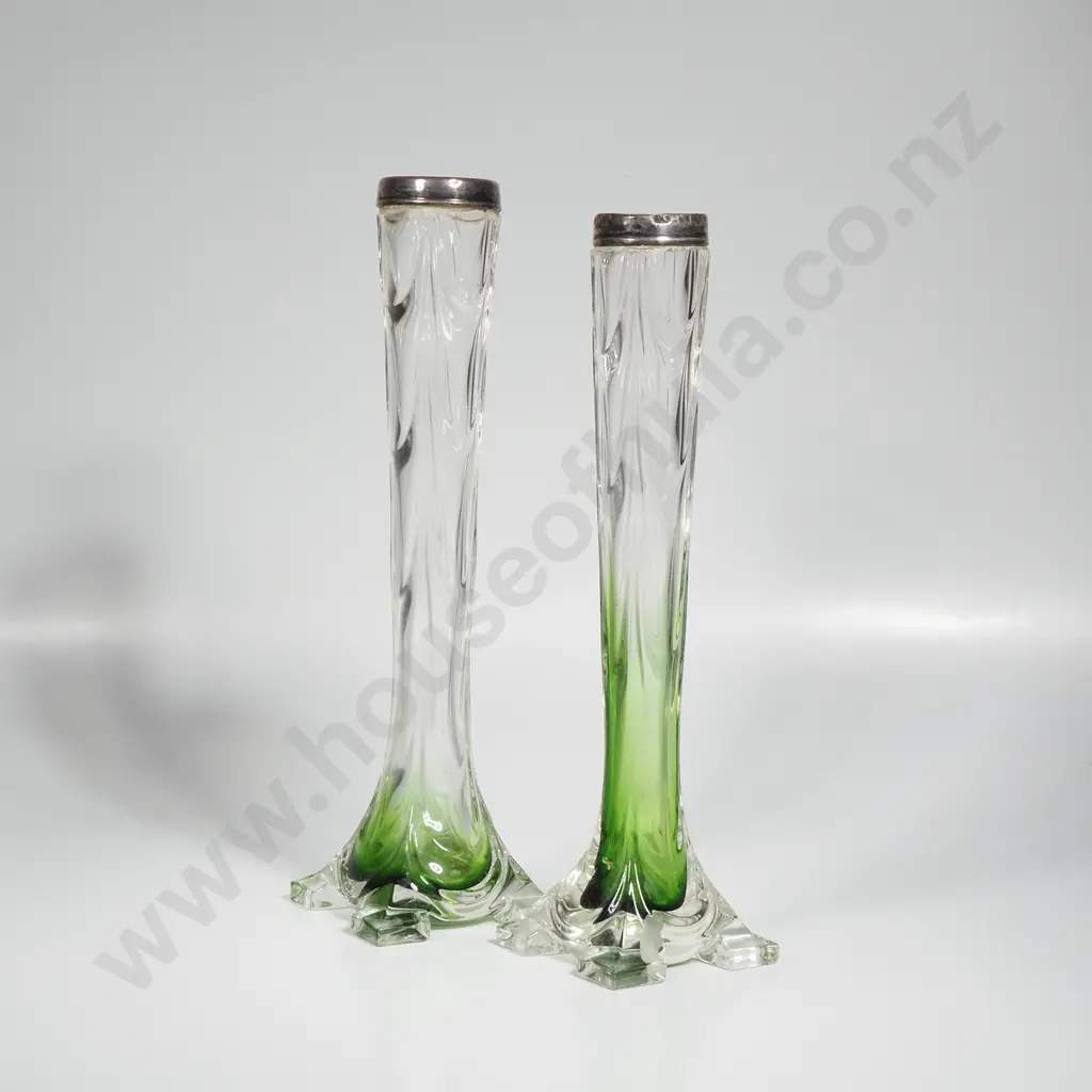 Pair of Sterling Silver Topped Art Deco Green Vases Image 1++