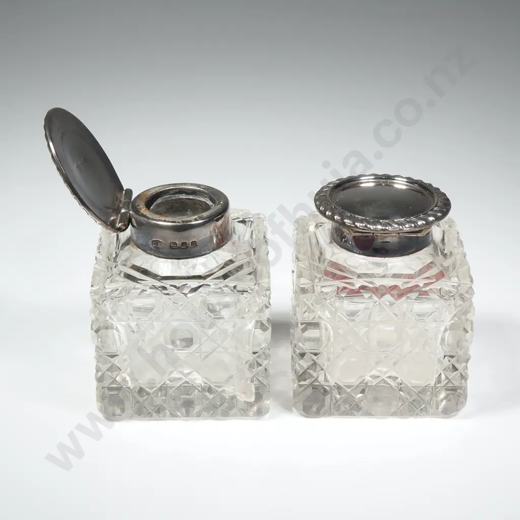 Pair of Sterling Silver Lidded Square Hobnail Glass Inkwell Image 1++