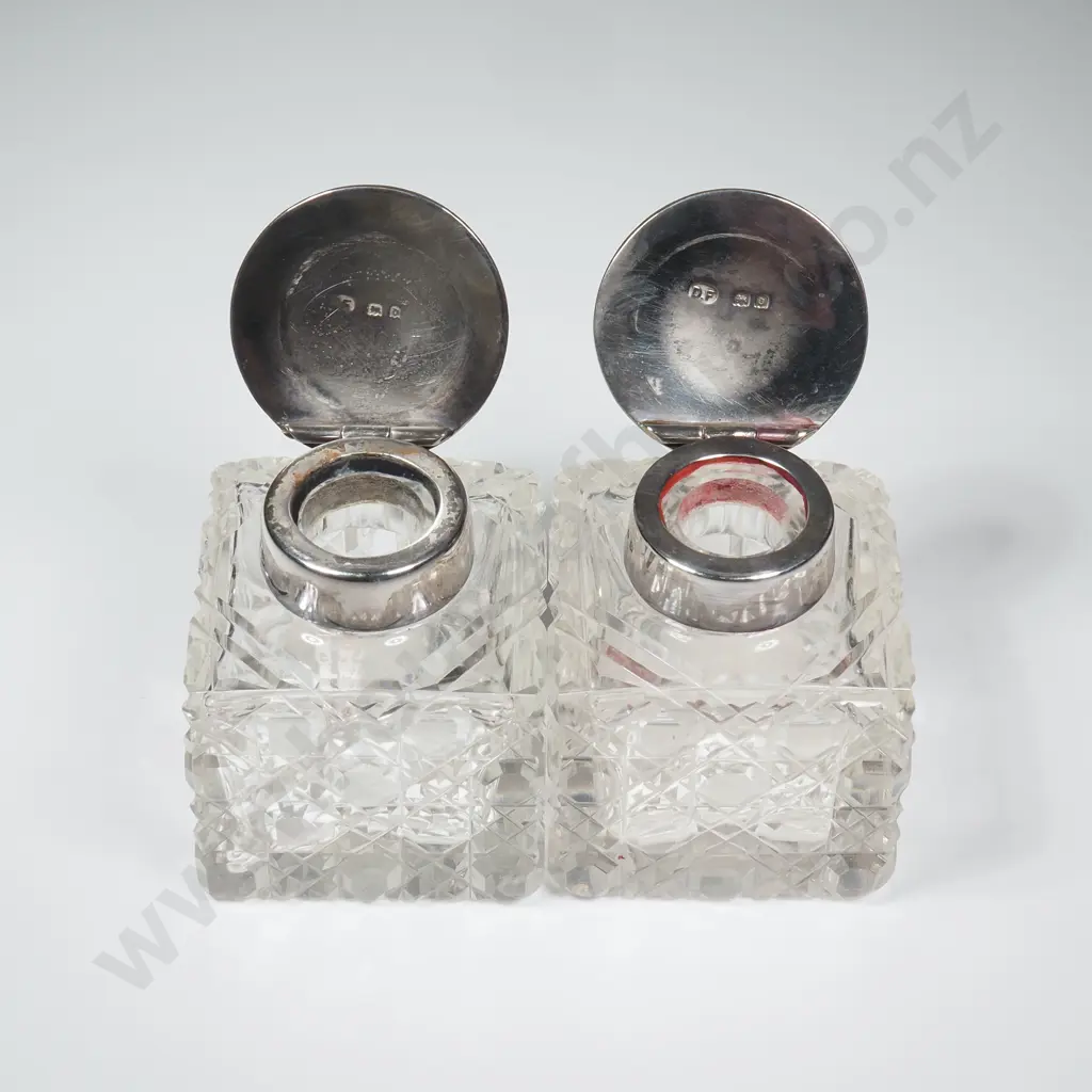 Pair of Sterling Silver Lidded Square Hobnail Glass Inkwell Image 1++