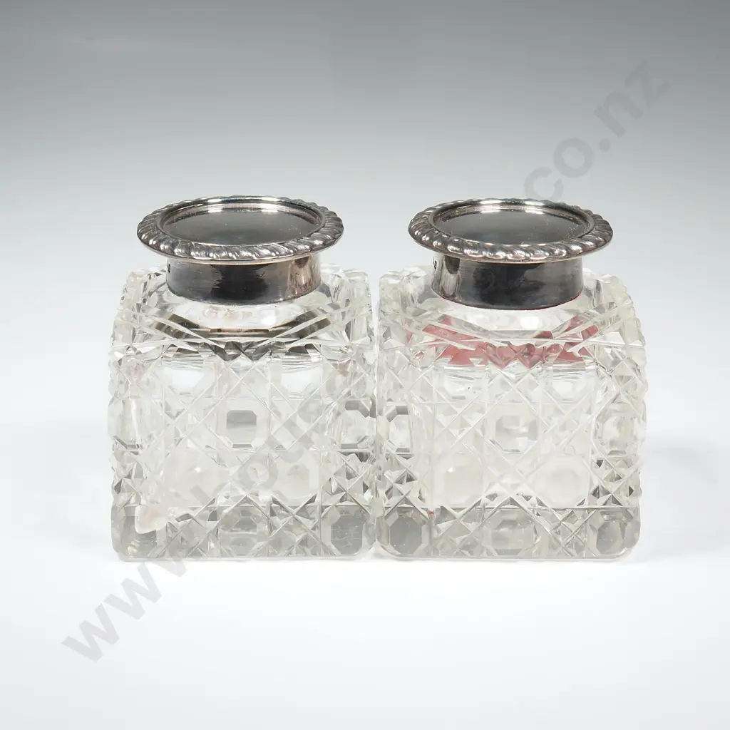 Pair of Sterling Silver Lidded Square Hobnail Glass Inkwell Image 1++