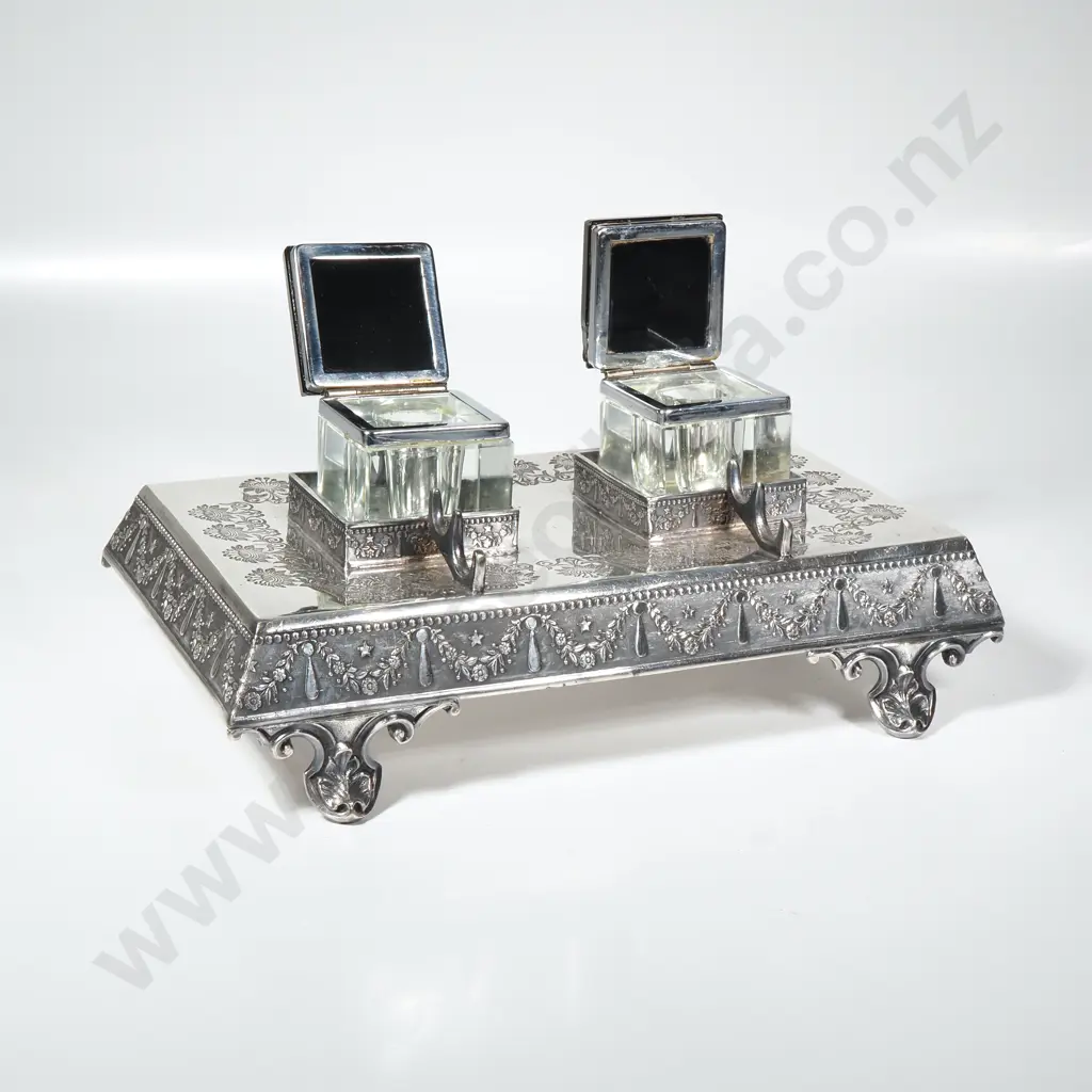 Silver Plated Desk Stand w Two Art Deco Inkwells, The Base w Ornate Detail on Four Scroll Feet Image 1++