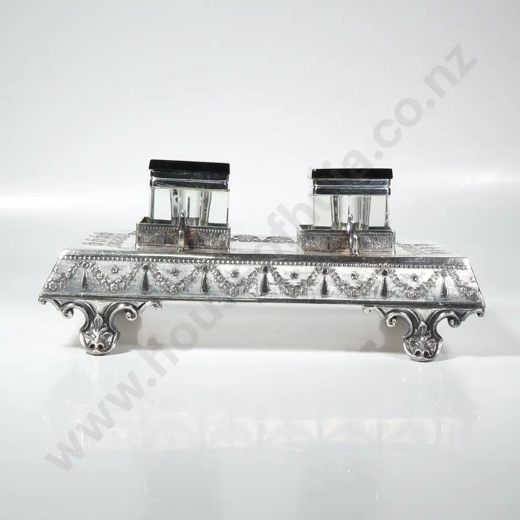 Silver Plated Desk Stand w Two Art Deco Inkwells, The Base w Ornate Detail on Four Scroll Feet Image 1++