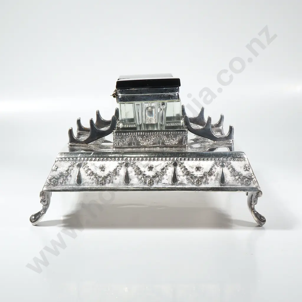 Silver Plated Desk Stand w Two Art Deco Inkwells, The Base w Ornate Detail on Four Scroll Feet Image 1++