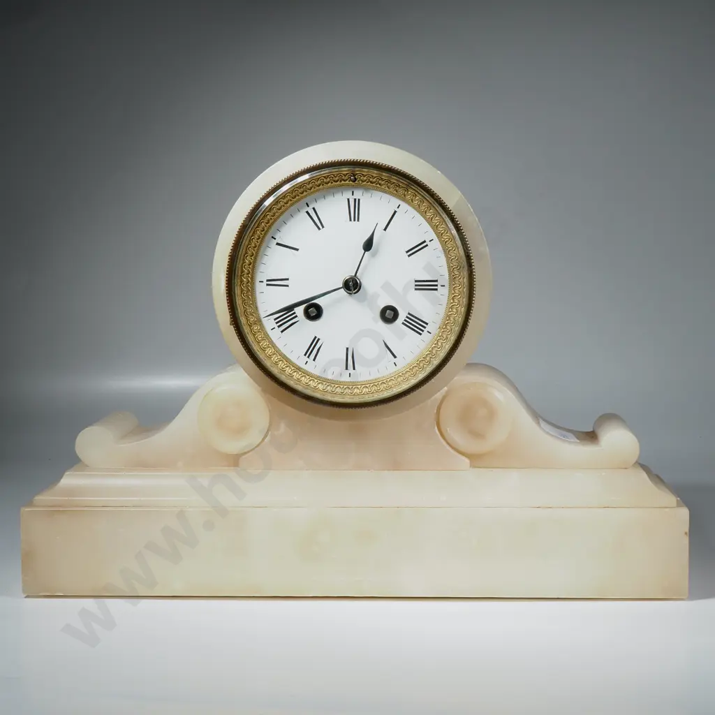 Antique French Alabaster Mantle Clock w Scrolls, White Porcelain Dial & Roman Numerals Image 1++