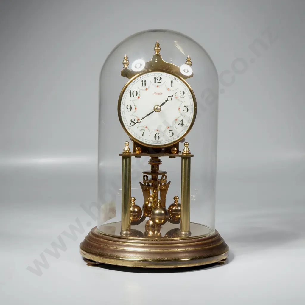 German Kundo 400 day Anniversary Clock w Floral Dial, Rotating Pendulum & Glass Dome Image 1++