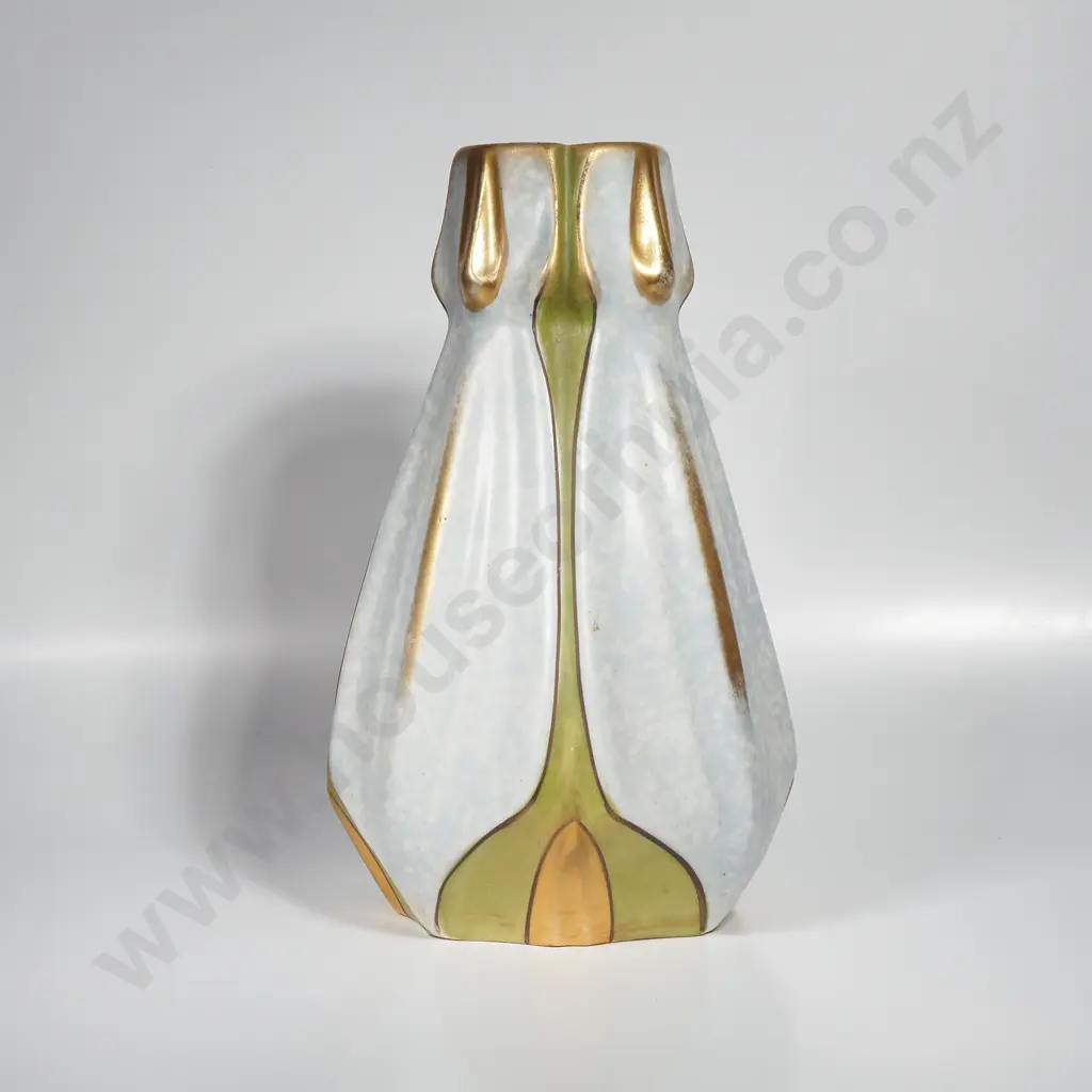 Art Nouveau Amphora Vase w Multi Lobed Faceted Body w Vertical Gold & Green Bands Image 1++