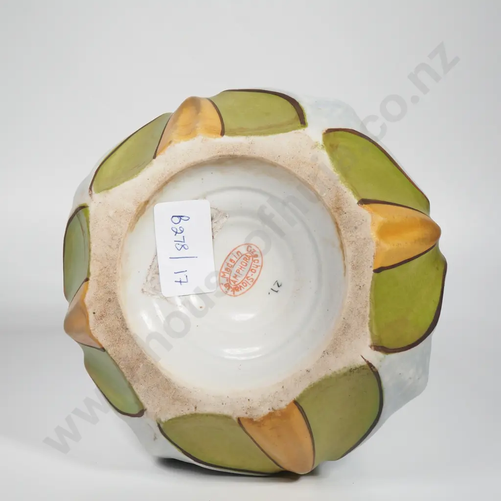 Art Nouveau Amphora Vase w Multi Lobed Faceted Body w Vertical Gold & Green Bands Image 1++