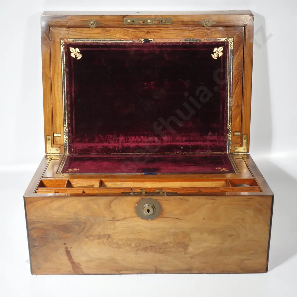 Quality Walnut Writing Box w Embossed Velvet Writing Slope, Empty Brass Cartouche & Secret Drawer Image 1++