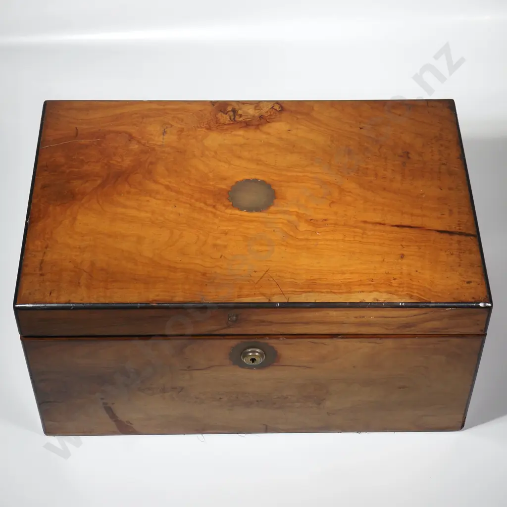 Quality Walnut Writing Box w Embossed Velvet Writing Slope, Empty Brass Cartouche & Secret Drawer Image 1++