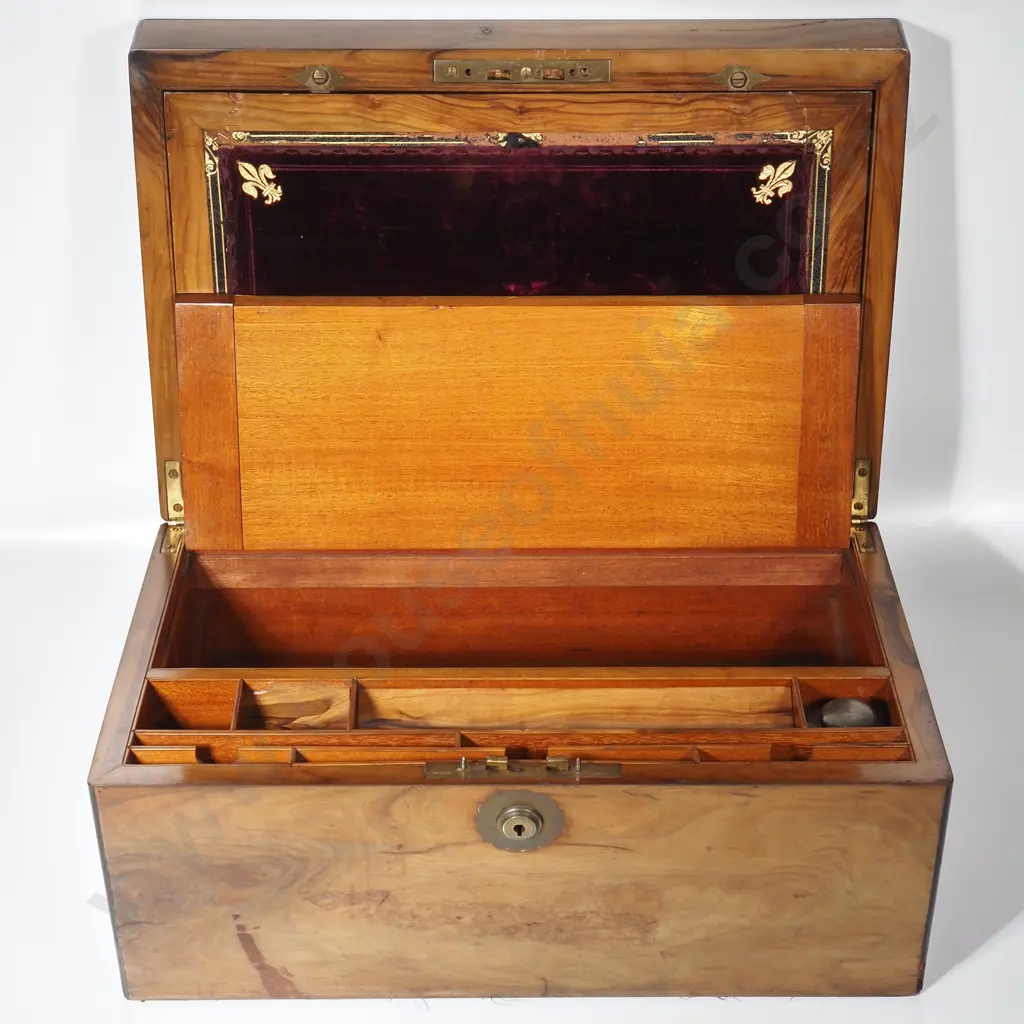 Quality Walnut Writing Box w Embossed Velvet Writing Slope, Empty Brass Cartouche & Secret Drawer Image 1++