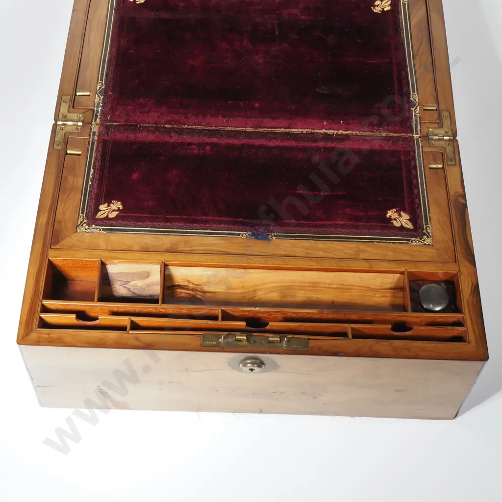 Quality Walnut Writing Box w Embossed Velvet Writing Slope, Empty Brass Cartouche & Secret Drawer Image 1++