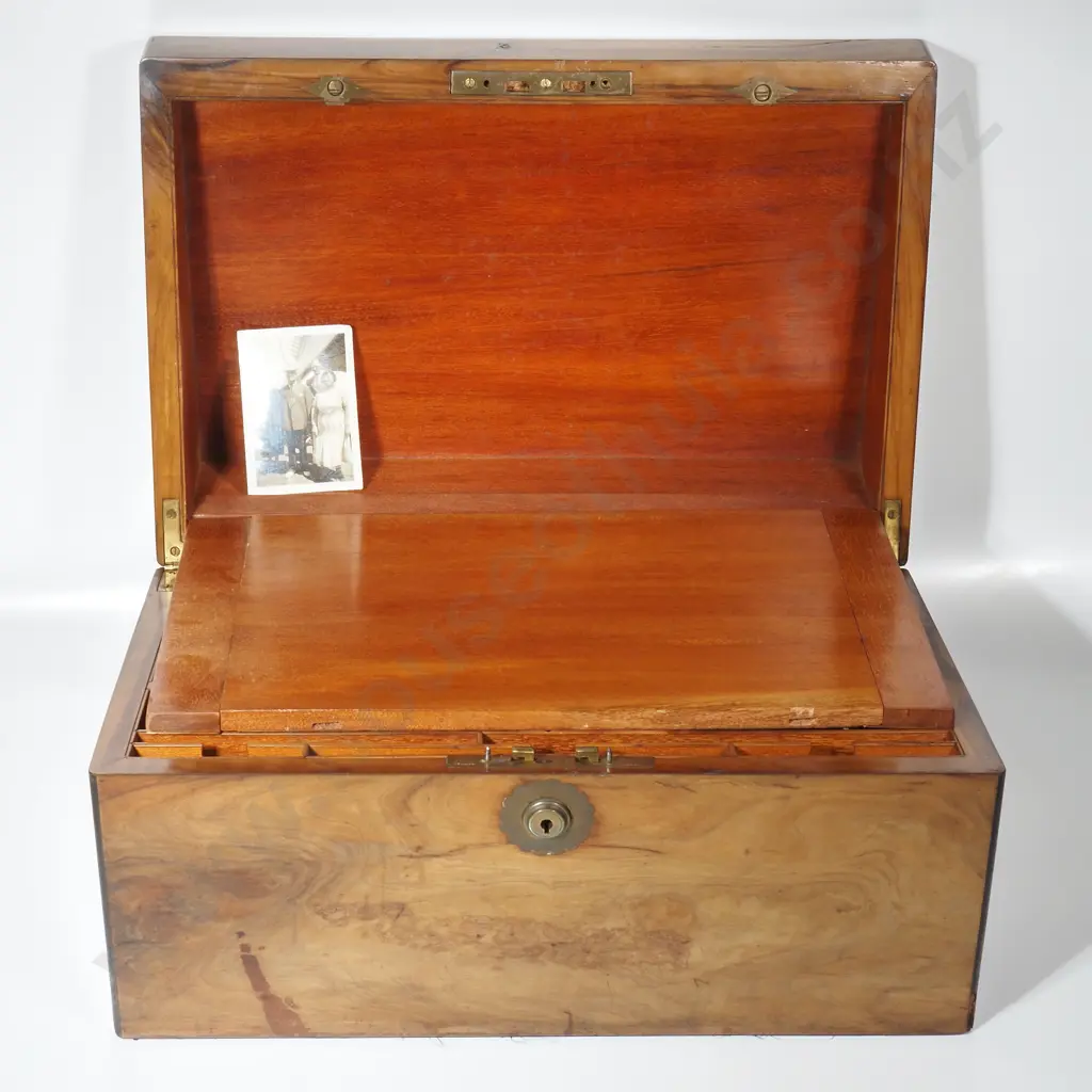 Quality Walnut Writing Box w Embossed Velvet Writing Slope, Empty Brass Cartouche & Secret Drawer Image 1++