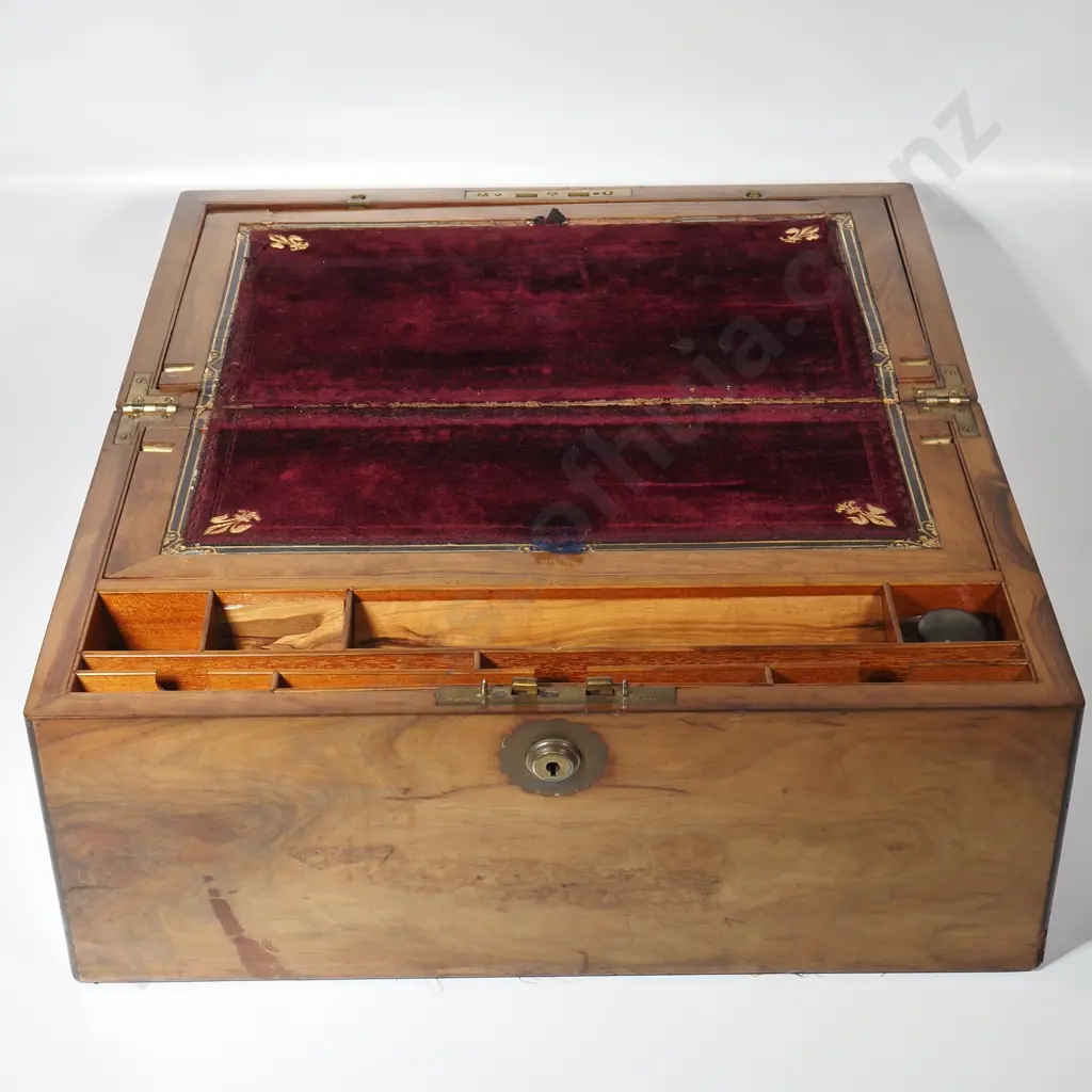 Quality Walnut Writing Box w Embossed Velvet Writing Slope, Empty Brass Cartouche & Secret Drawer Image 1++