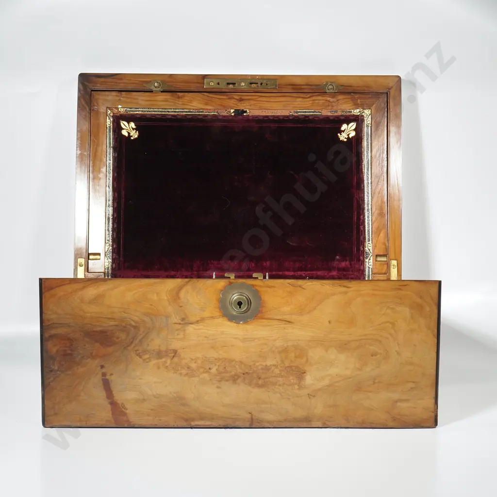 Quality Walnut Writing Box w Embossed Velvet Writing Slope, Empty Brass Cartouche & Secret Drawer Image 1++