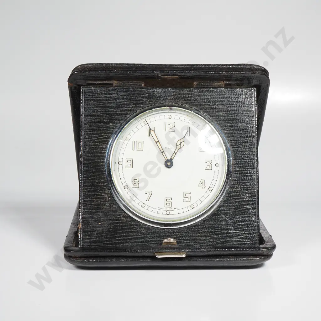 Vintage 8 Day Travel Clock from the Early 1900s w Swiss Movement in a Black Leather Case Image 1++