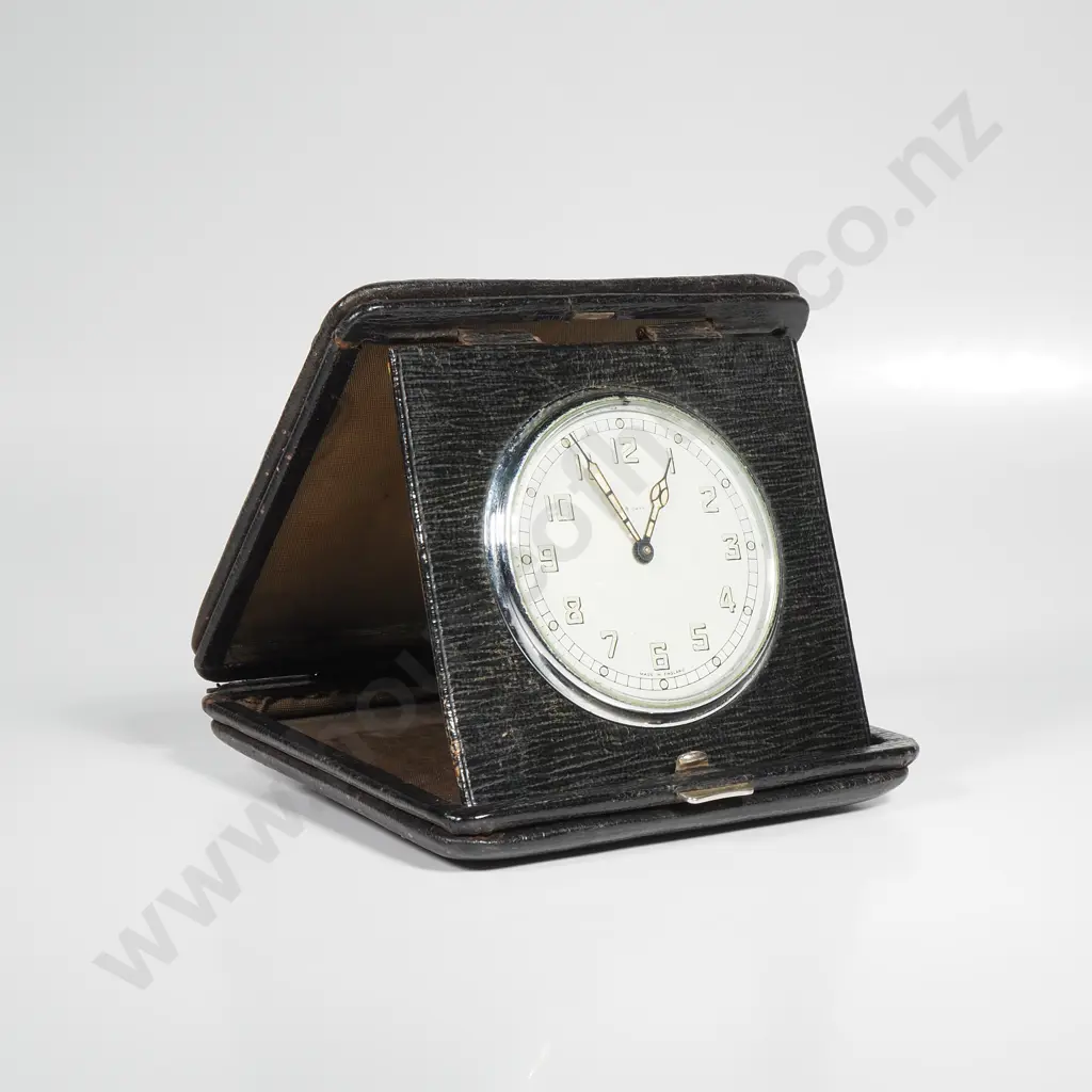 Vintage 8 Day Travel Clock from the Early 1900s w Swiss Movement in a Black Leather Case Image 1++