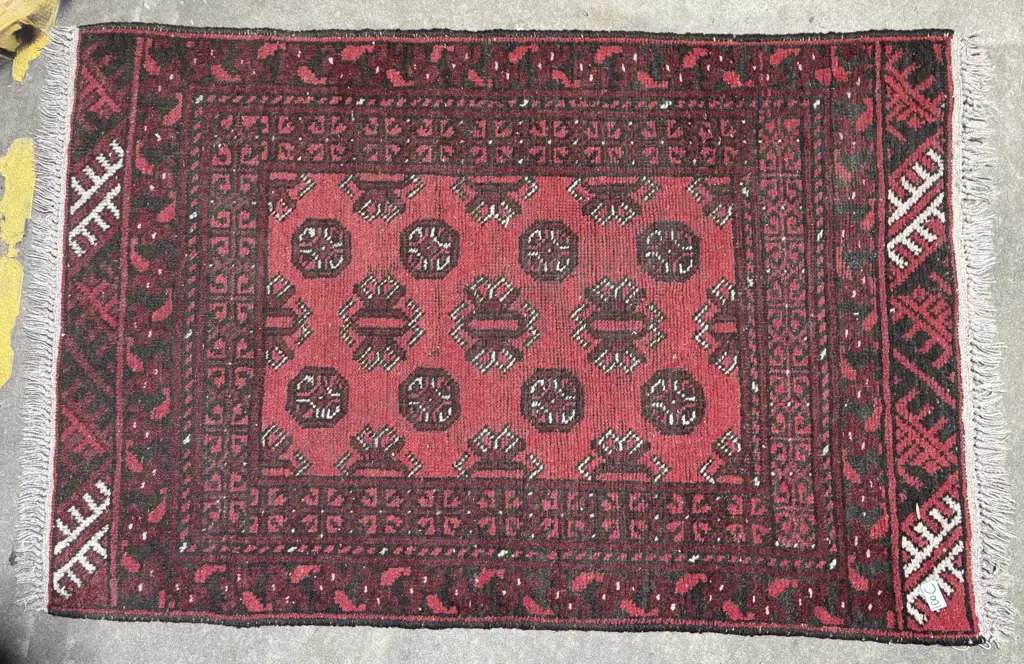 Small Afghan Turkmen Wool Rug on a Red Field w Traditional Geometric Guls Image 1++