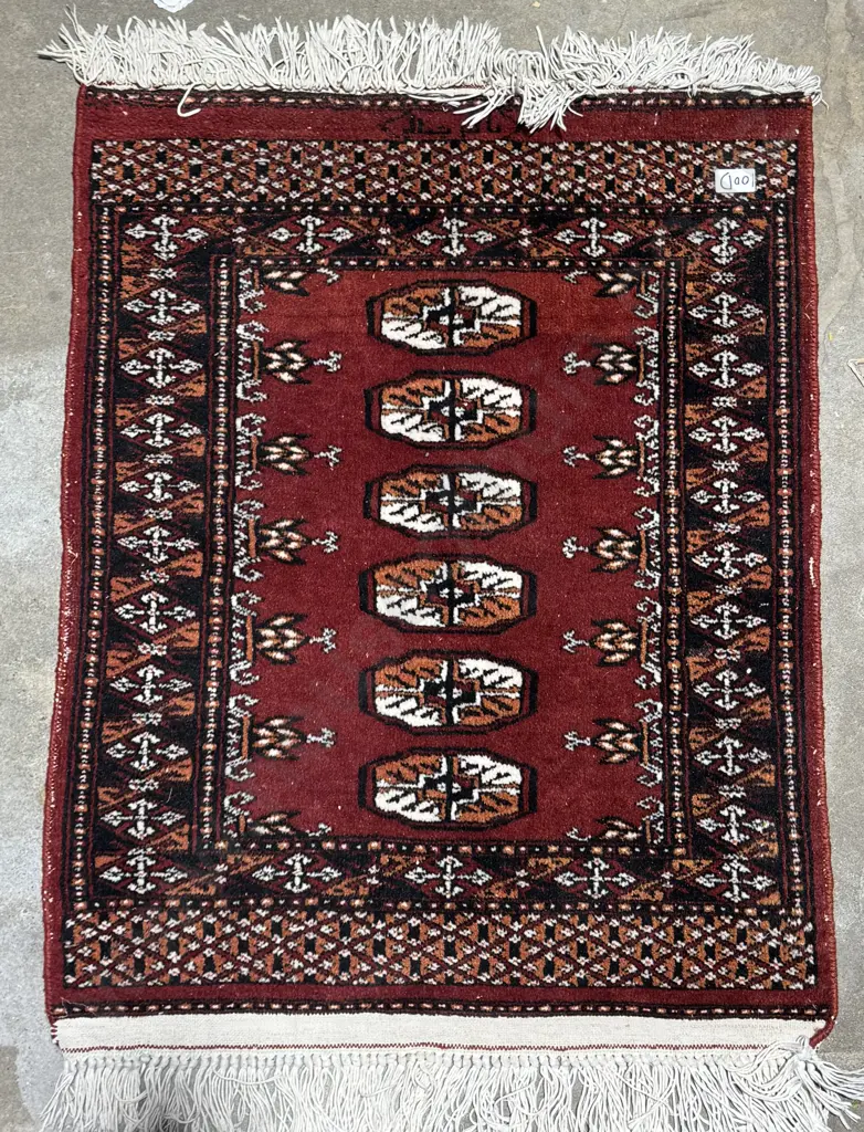 Small Hand Knotted Bokhara Rug w Red Ground & Elephants Foot Motifs Image 1++