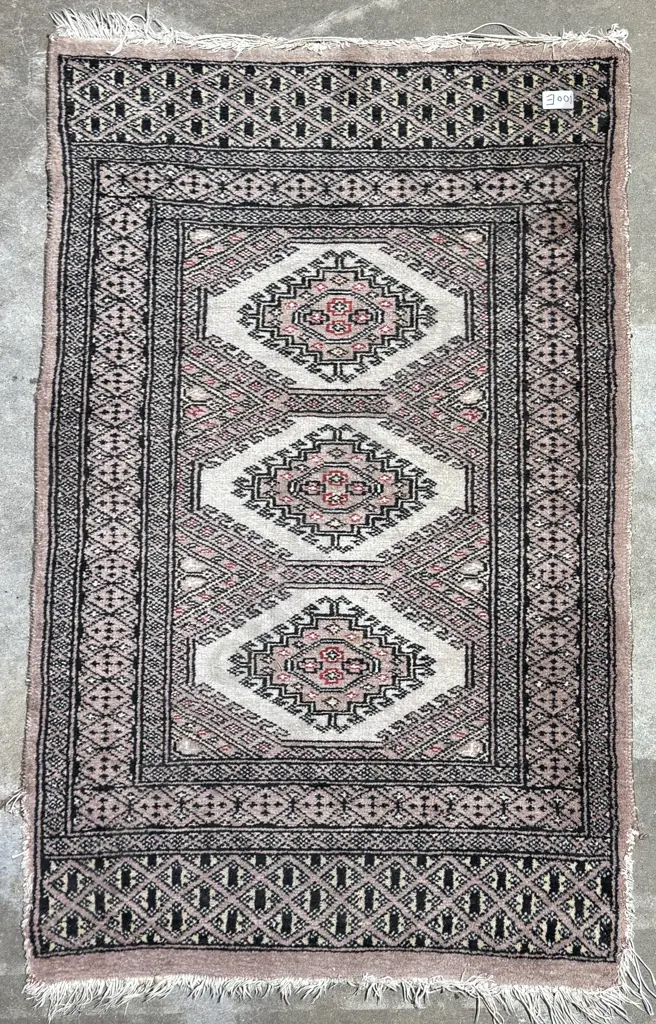 Hand Knotted Pakistani Bokhara Style Rug w Three Diamond Shaped Central Medallion on a Pink & Black on a Cream Ground Image 1++