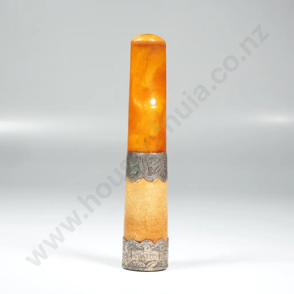 Cased Meerschaum & Amber Cigarette Holder w Engraved Silver Mounts Image 1++