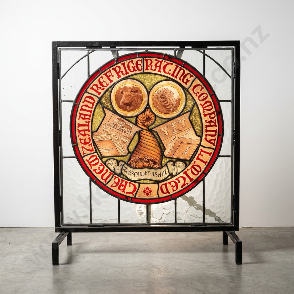 Antique Lead Light Stained Glass Window from the NZ Refrigerating Co. Ltd Christchurch - Illuminated Image 1++