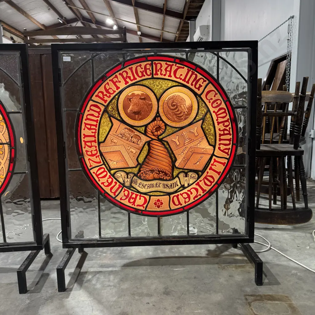 Antique Lead Light Stained Glass Window from the NZ Refrigerating Co. Ltd Christchurch - Illuminated Image 1++